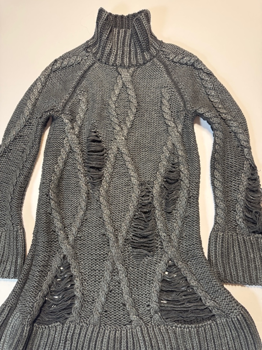 ALEXANDER McQUEEN 09 Dark Gray Cable-Knit Turtleneck Sweater Dress Distressed SM - Picture 8 of 16